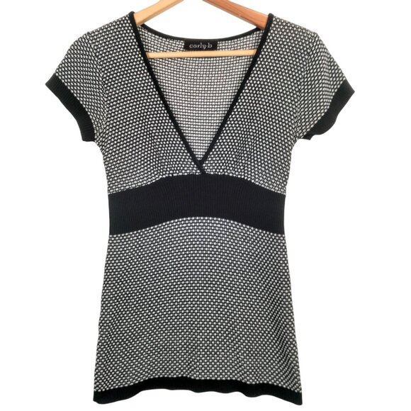 Vintage Y2K Carly B Shirt Women Small Birdseye Knit V Neck Slim Fit Black White - Picture 1 of 11
